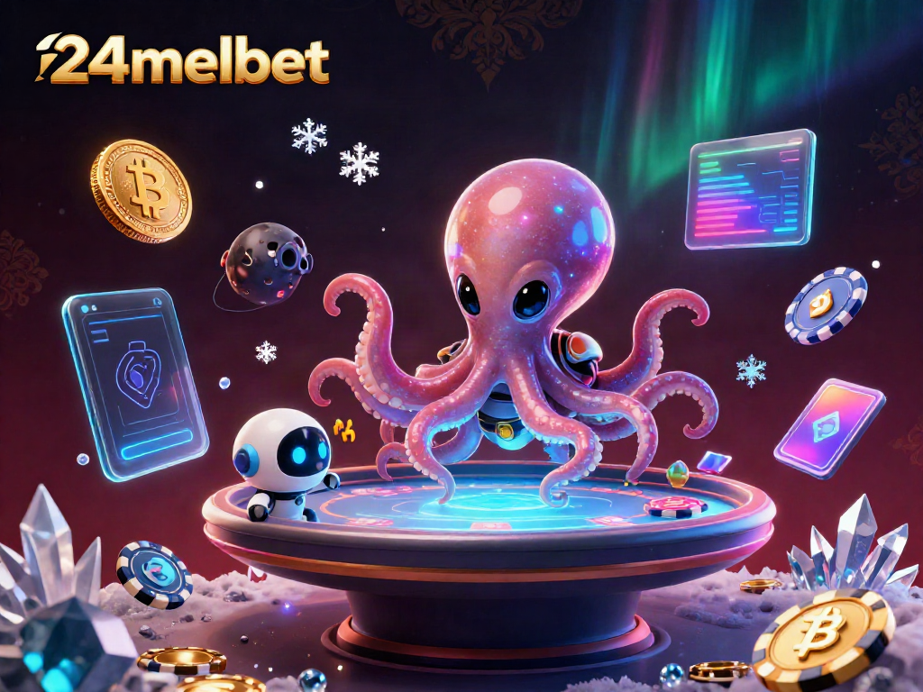 Engage with the vibrant scene of 24melbet's digital poker universe featuring alien characters and crypto coins.