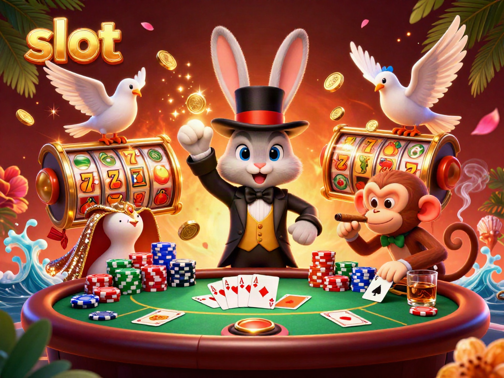 A dynamic illustration of the slot theme featuring a magician rabbit, dove, and monkey surrounded by slot elements and sparkling coins.
