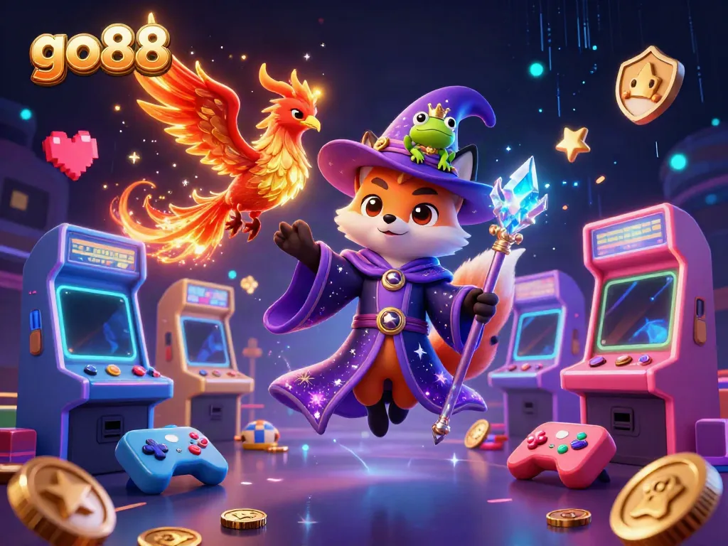 Engage in the thrilling world of go88 with a mystical wizard fox, phoenix companion, and vibrant casino gaming elements.