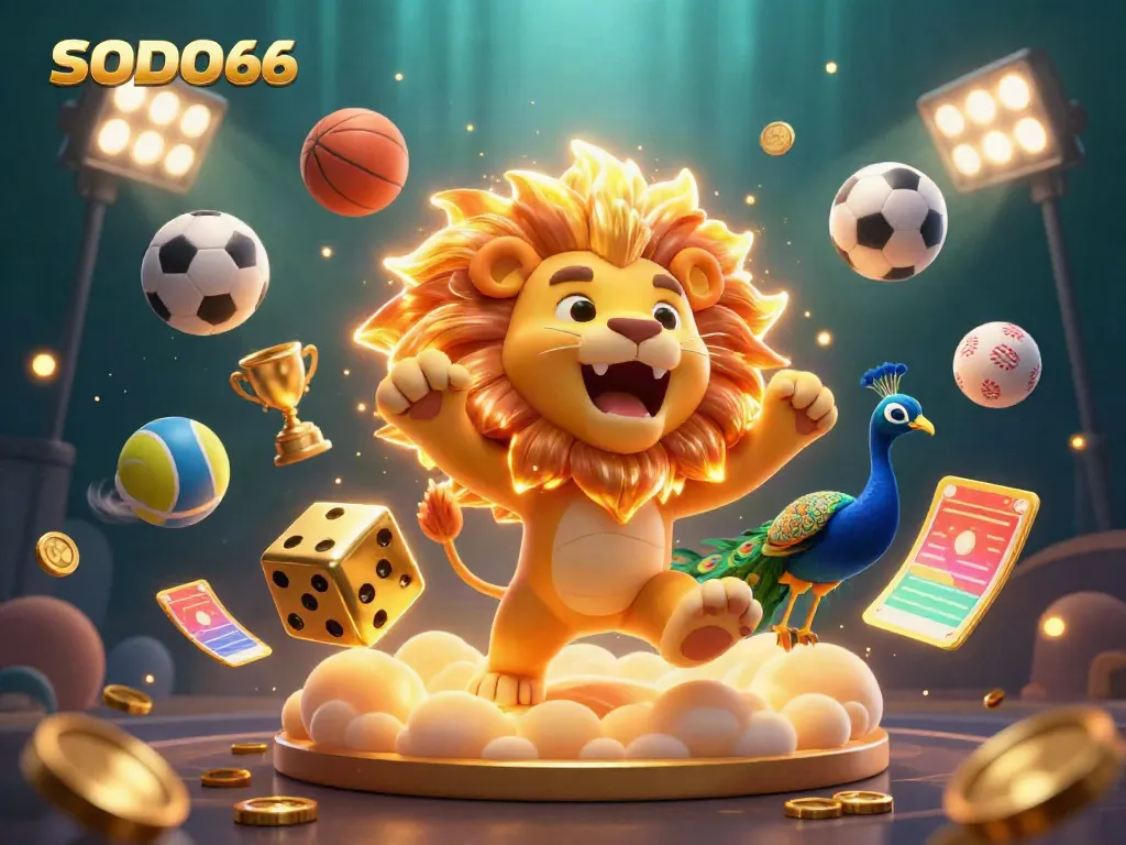SODO66 casino scene featuring a roaring lion, golden dice, and dynamic sports elements.