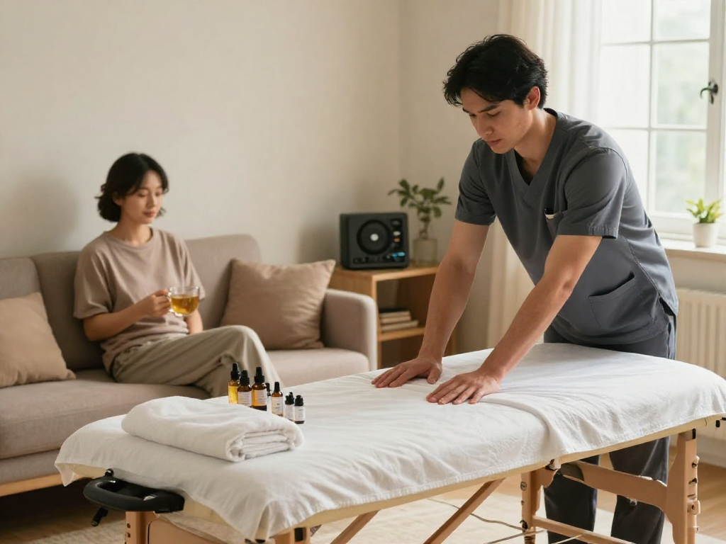 출장안마 in a cozy home setting, professional therapist preparing relaxing massage for a client.