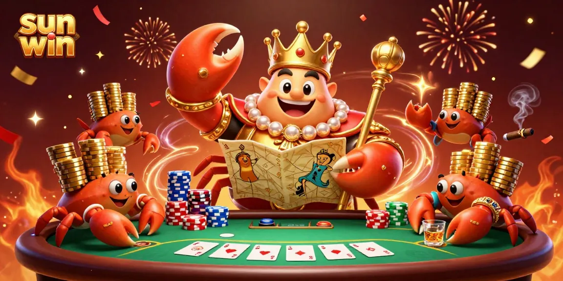Spin and win at sun win with golden crab emperor and treasures in action-packed casino scene.