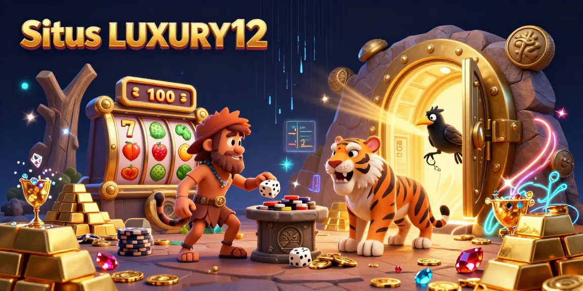 Situs LUXURY12 showcases a captivating prehistoric casino scene with slots and treasures.