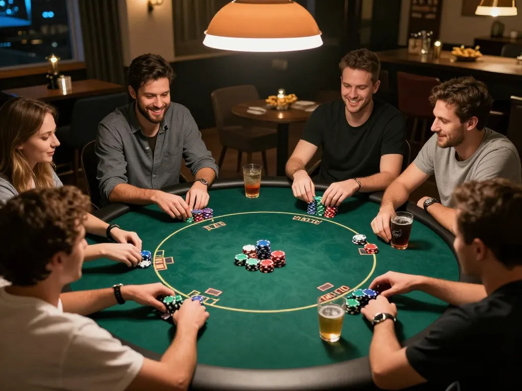 Hitclub gaming scene with friends playing Texas Hold'em poker at a cozy home poker night.