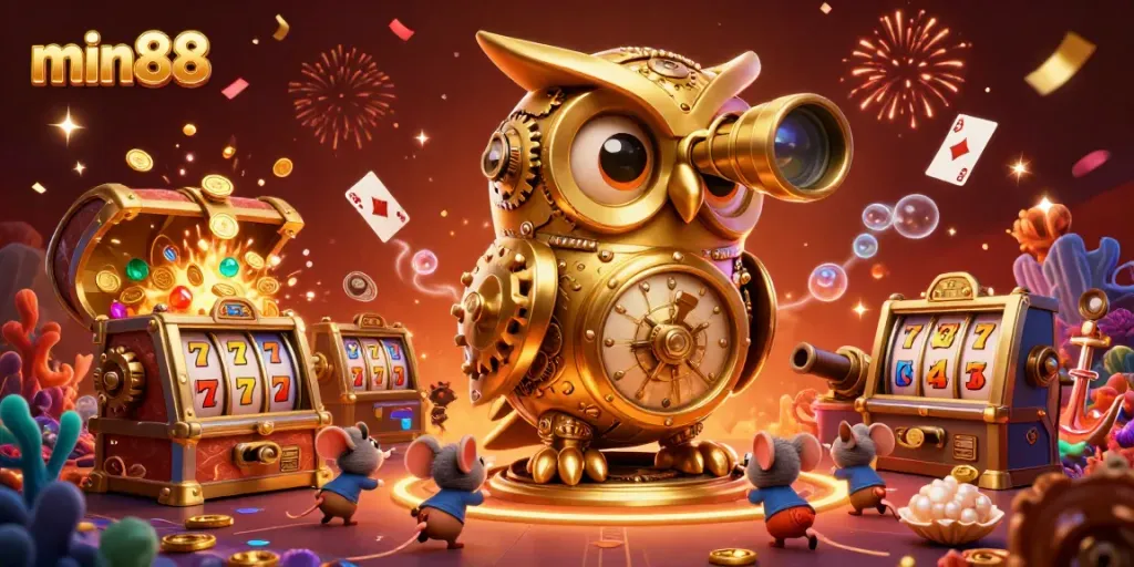 Experience thrilling slots action with min88 in this vibrant 3D casino scene, featuring a golden owl and exciting game elements.