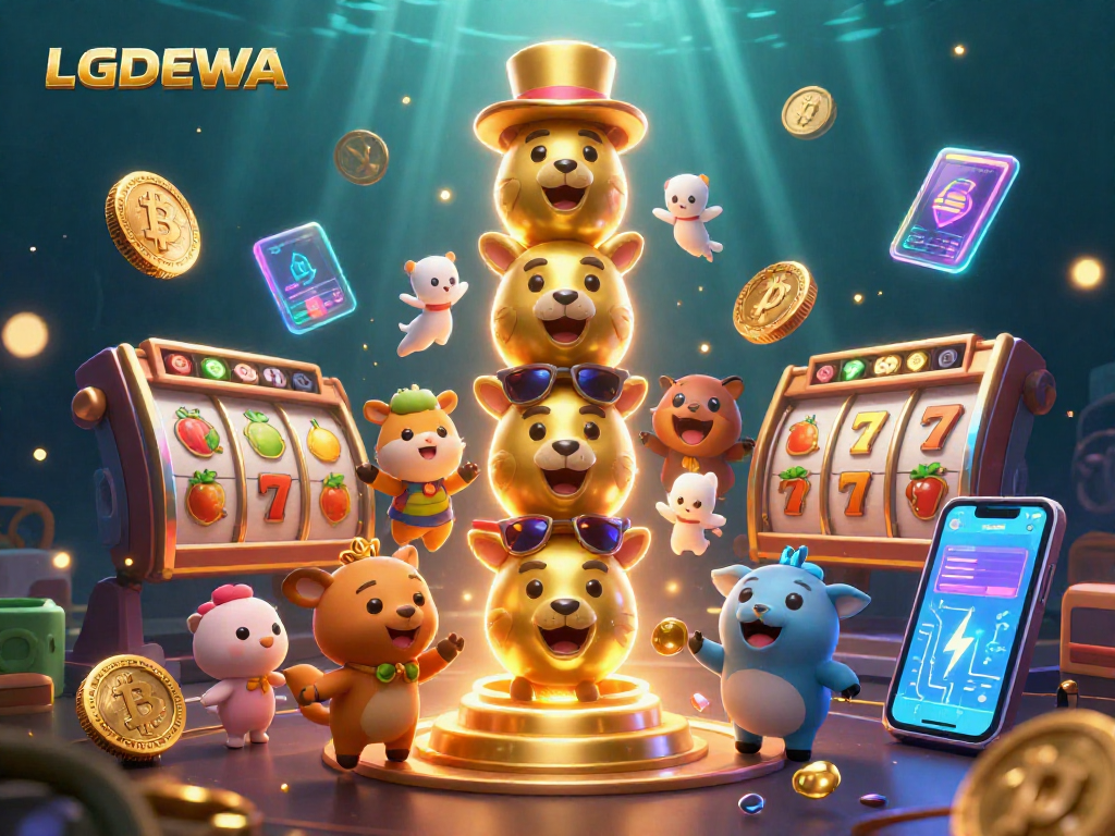 Spin to win with LGODEWA's vibrant 3D illustration featuring animated totem poles and animated slot machine elements.