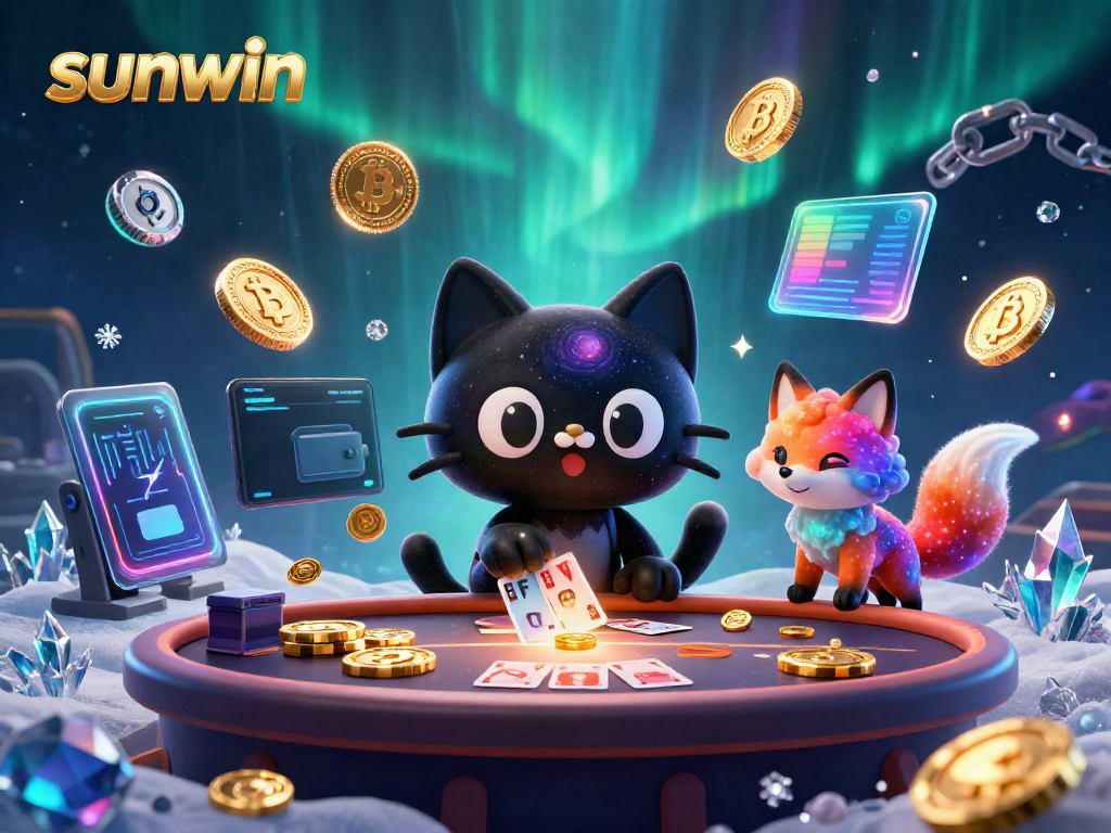 Engage with sunwin's cosmic casino experience, featuring a black hole cat and nebula fox amidst vibrant crypto graphics.