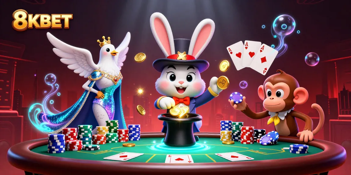 Experience thrilling wins at 8KBET with the magician, dove, and monkey in a vibrant casino scene.