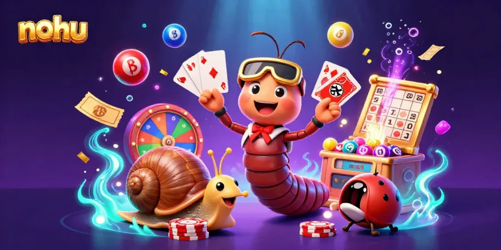 NoHu characters interact joyfully while dealing cards and playing with chips in this vibrant 3D casino scene.