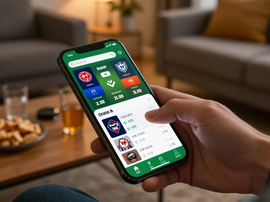 Player engaging in live betting on nhandinhkeonhacai in a cozy home setting with sports stats.