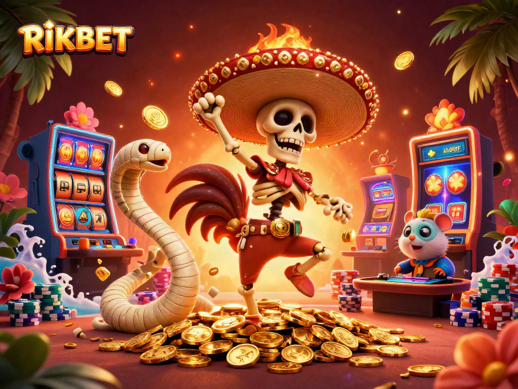 Experience RIKBET's thrilling gaming adventure with skeleton mariachi, mummy snake, and hamster DJ.