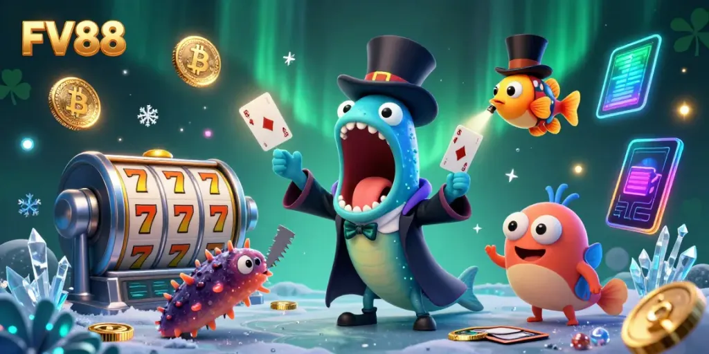 Experience exciting online gaming with FV88, showcasing fun characters and sparkling game symbols.