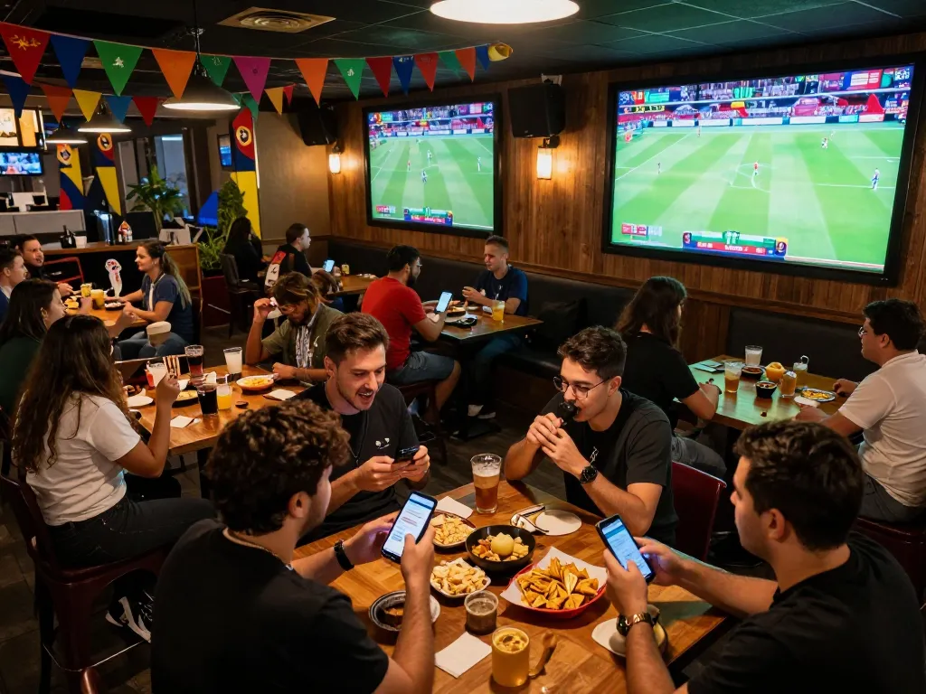 Fans enjoying the World Cup 2026 matches while using betting apps in a lively sports bar.