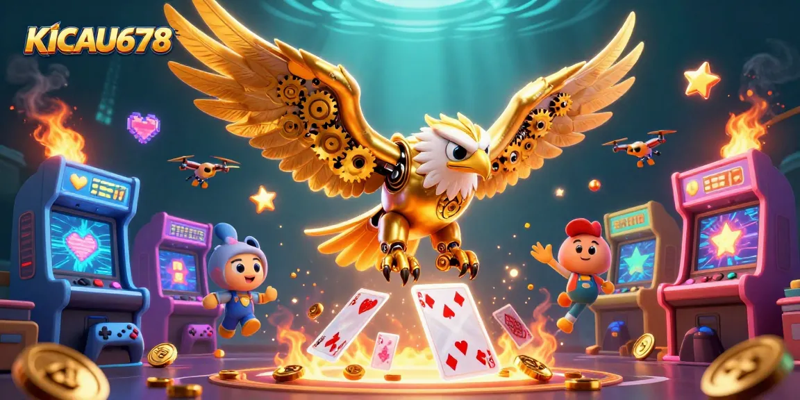 KICAU678 showcases a dynamic scene with a golden eagle, gaming icons, and vibrant casino visuals.