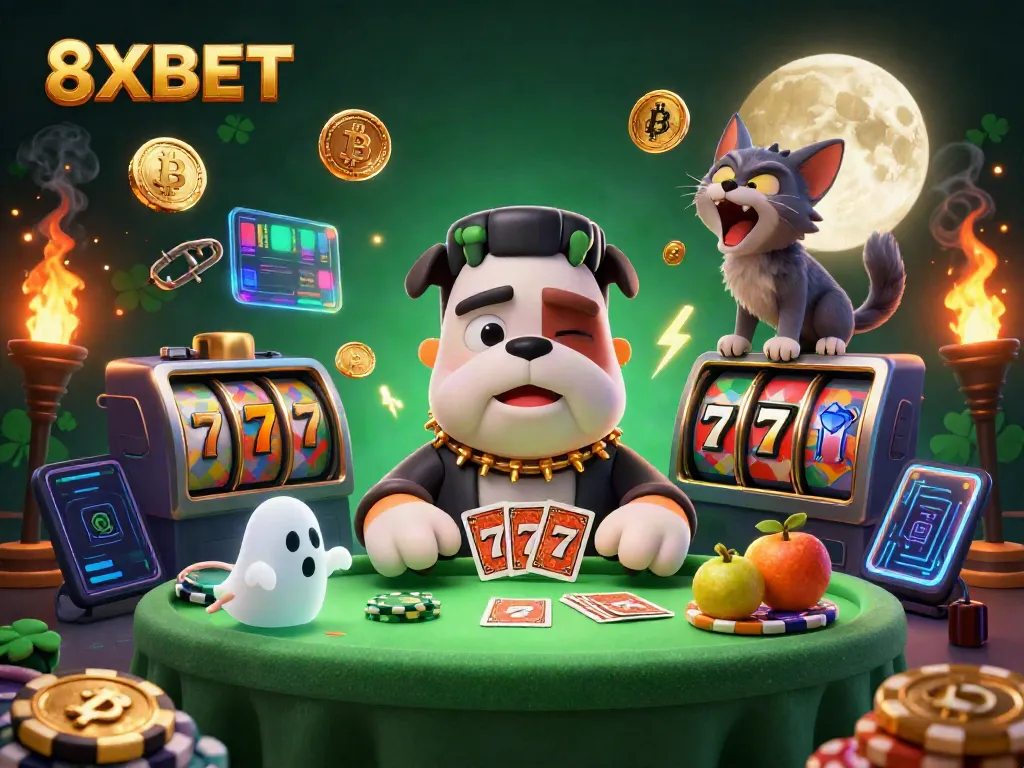 Experience the thrill of winning at 8XBET with a lively casino scene featuring unique characters and vibrant gaming elements.