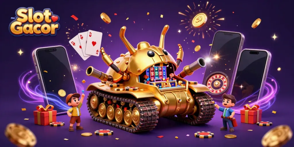 Experience the excitement of Slot Gacor with a vibrant 3D illustration of a miniature casino in a golden beetle tank.