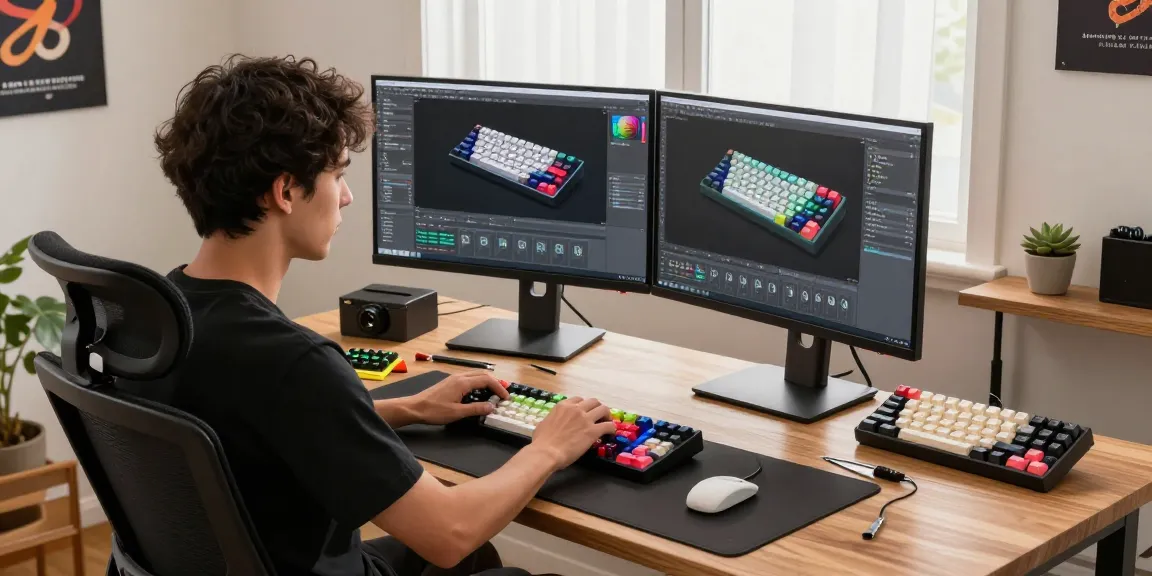 Builder focused on assembling a custom 60 keyboard with vibrant keycaps and tools in a bright workspace.