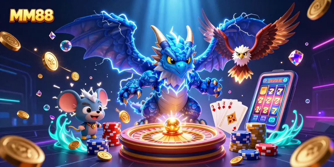 Experience thrilling MM88 wins with vibrant characters and dynamic casino elements in a captivating 3D illustration.