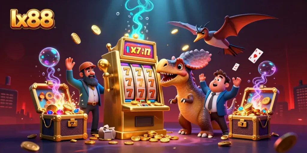 lx88 jackpot scene with a dinosaur celebrating a big win at a slot machine
