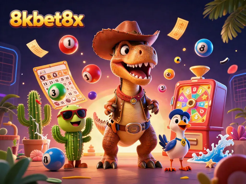 Engage with the vibrant world of 8xbet8x featuring a T-Rex cowboy, cactus buddy, and roadrunner amidst lottery excitement.