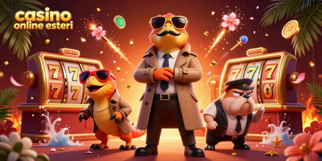 Gioca nei migliori casino online esteri con offerte uniche e giochi entusiasmanti, rappresentati in un'illustrazione animata.