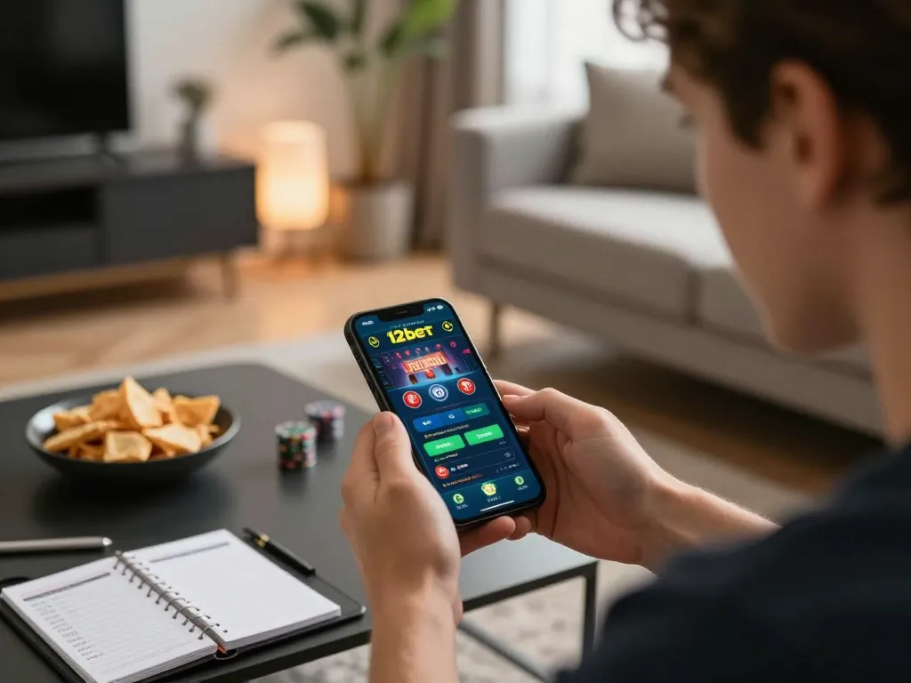 Người chơi sử dụng ứng dụng 12bet để cược trực tuyến trong một không gian ấm cúng với các ghi chú chiến lược bên cạnh
