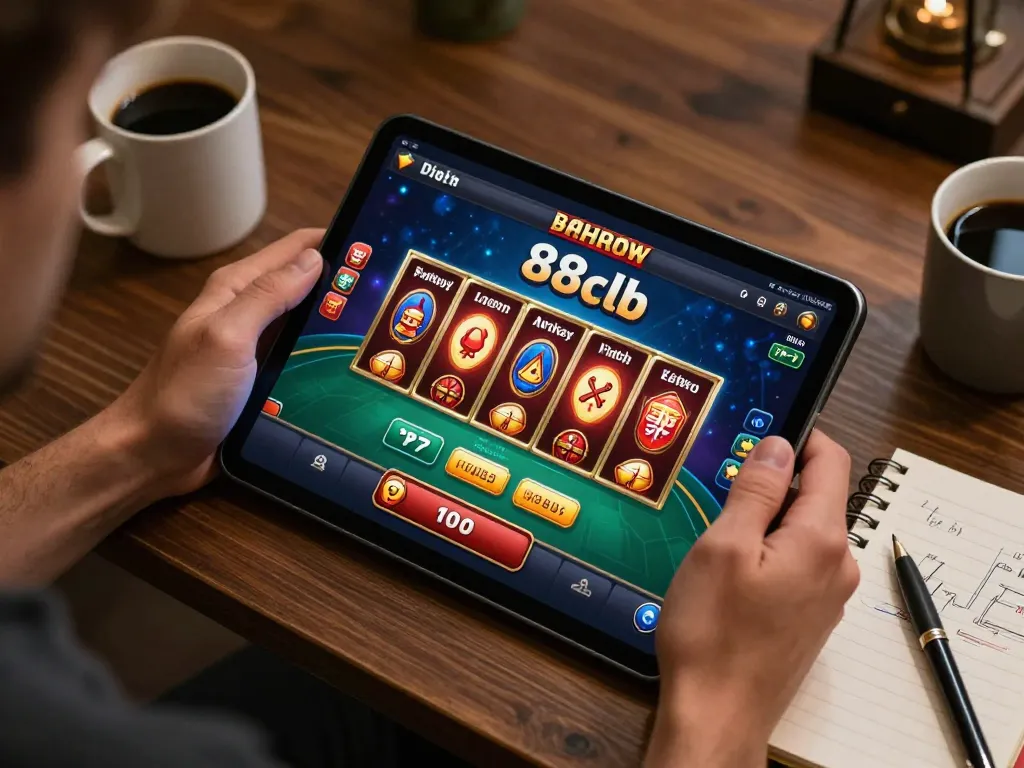 Engaged player enjoying online gaming with the 88clb casino app on a tablet, showcasing a cozy home setup.