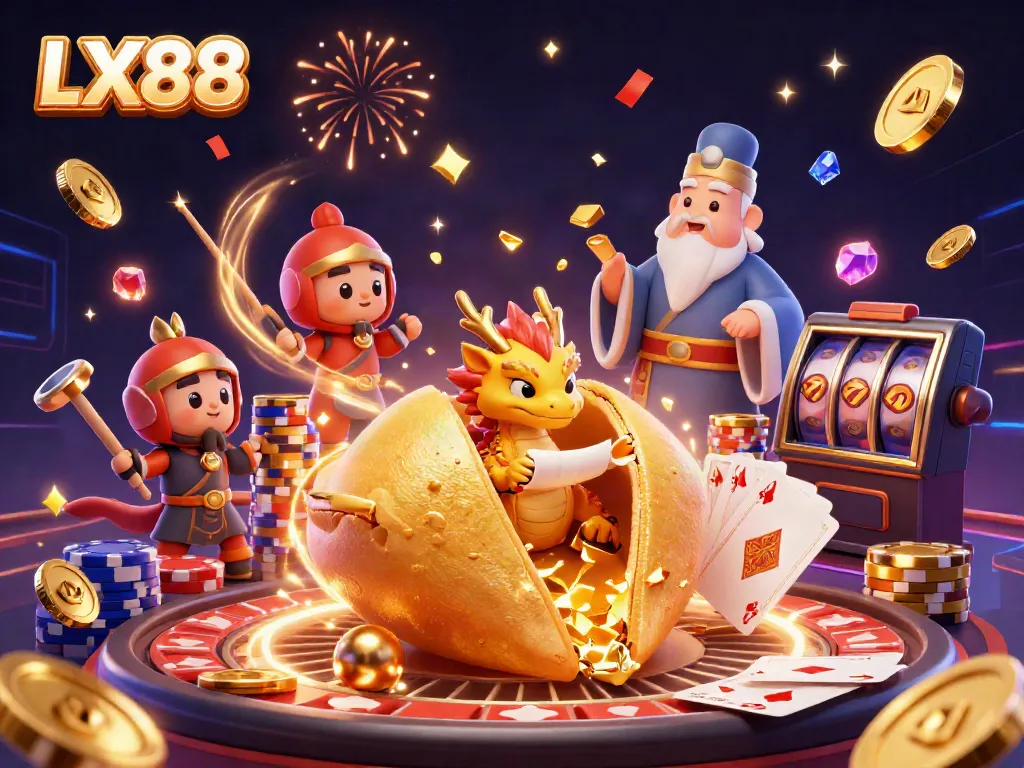 Experience thrilling games and golden rewards at LX88 with vibrant casino elements and characters.