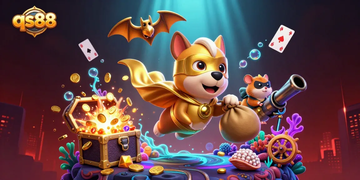 qs88 mascot superhero dog flying alongside a hamster in a dynamic casino scene