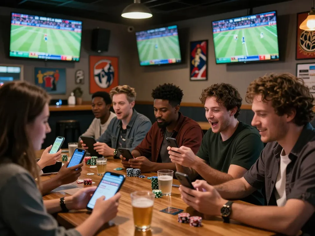 Excited sports enthusiasts placing bets on bong99 during a live game at a vibrant sports bar