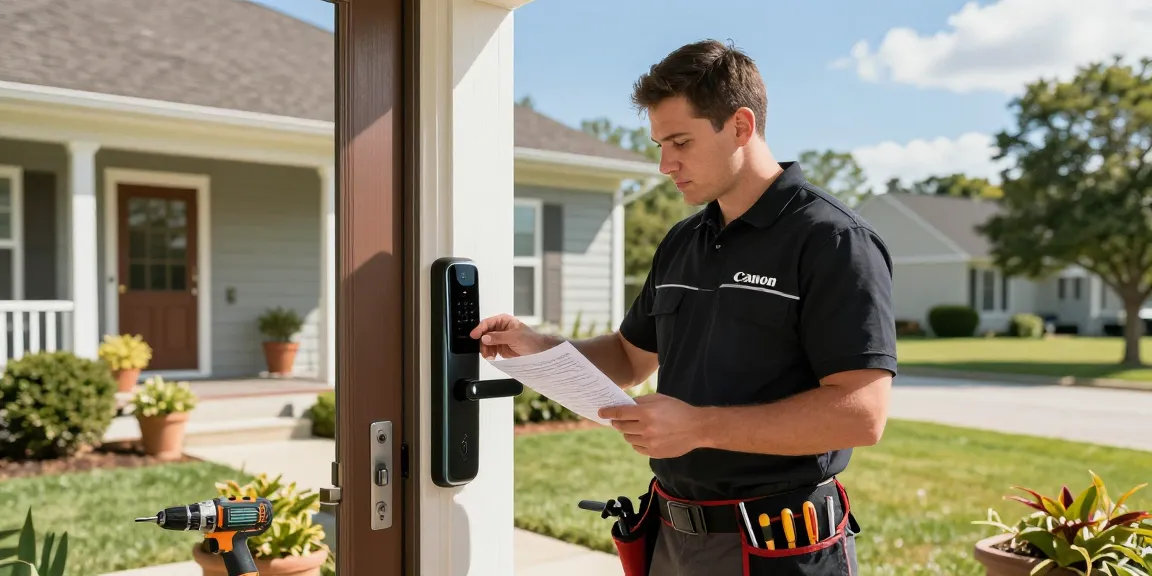Locksmith Cary NC performing a smart lock installation on a front door, showcasing expertise in home security.