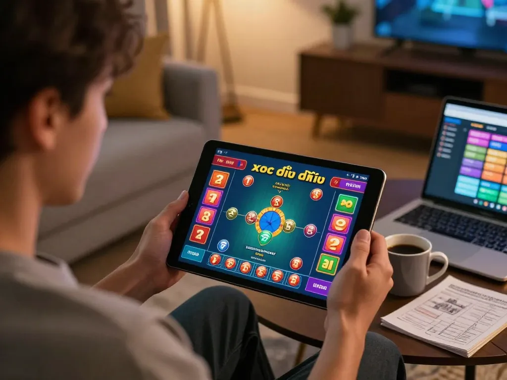 xóc đĩa online gameplay on a tablet in a cozy home setting with warm lighting.