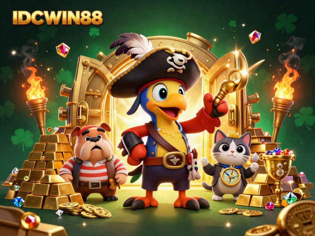 Engage with exciting casino experiences at IDCWIN88 featuring vibrant characters, gold treasures, and dynamic gaming elements.