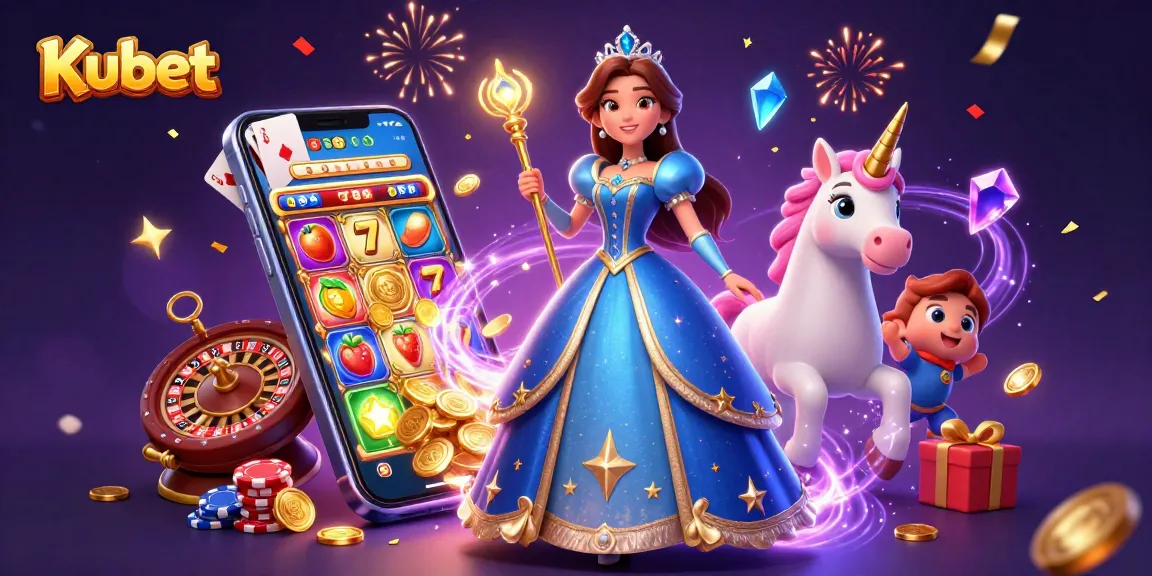 Kubet gaming illustration featuring a woman in a royal blue gown with a unicorn, surrounded by vibrant casino elements and games.