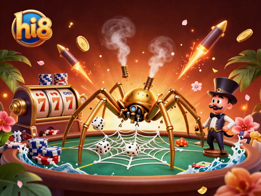 Engage with hi 88's vibrant casino scene, featuring a steampunk spider capturing dice amidst dynamic gaming elements.