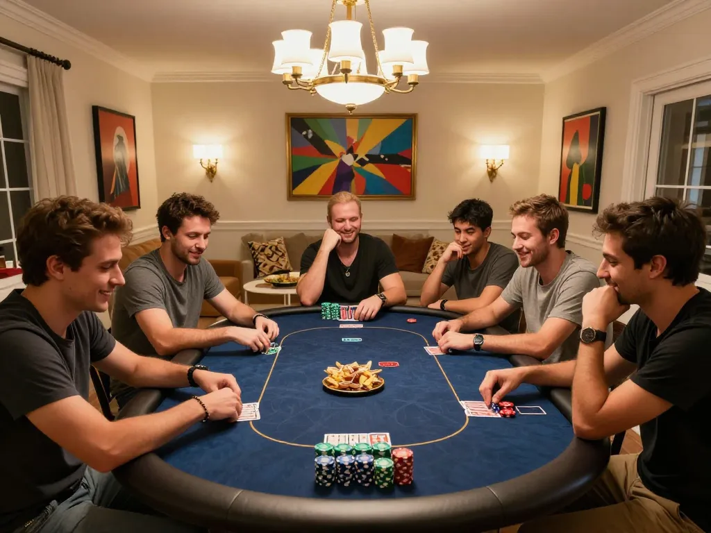 Friends playing poker with chips while enjoying a night filled with excitement at hay88x home gaming space.