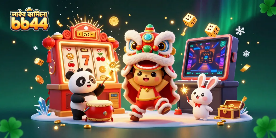 Experience the excitement of লাইভ ক্যাসিনো bb44 with a lively 3D illustration showcasing a lion dance, bursting slot machine, and colorful gaming elements.