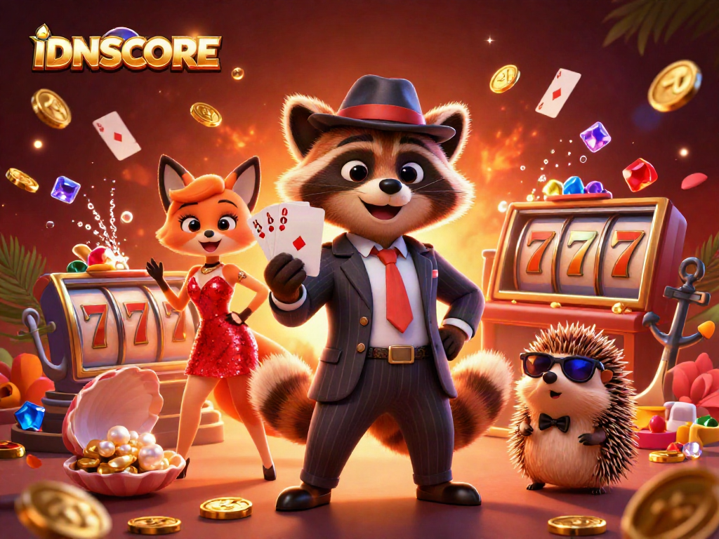 Bet big with IDNSCORE as a suave raccoon shows off a royal flush amidst a glamorous casino scene.