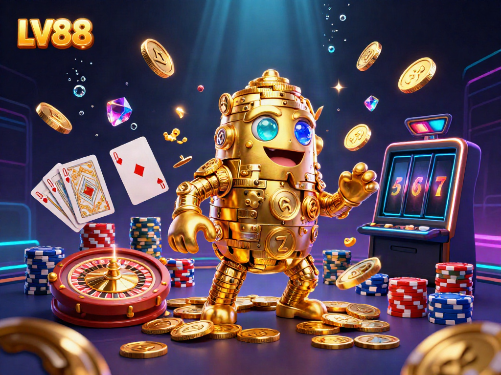 Experience LV88 gaming excitement with cascading coins, 3D roulette, and vibrant casino elements.