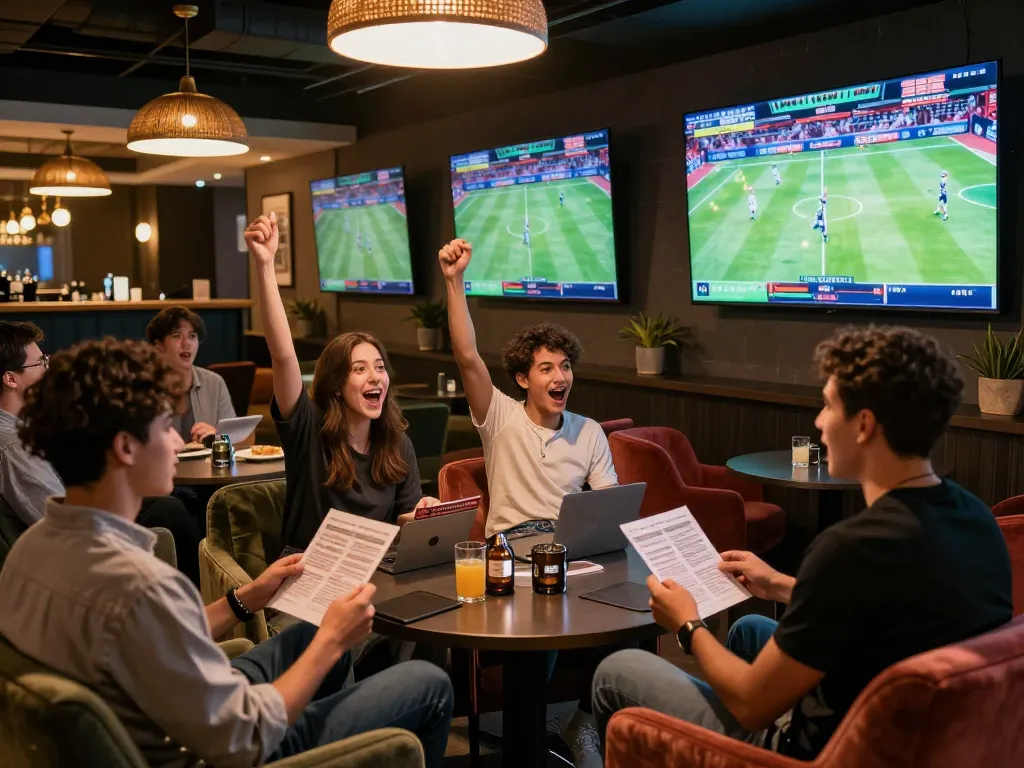 Fans placing bets on sports events in a vibrant lounge, showcasing 7m excitement and interaction.
