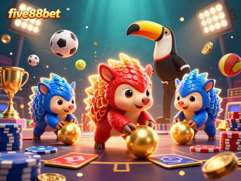 Experience thrilling moments at five88bet with dynamic pangolins rolling through poker chips and sports elements.