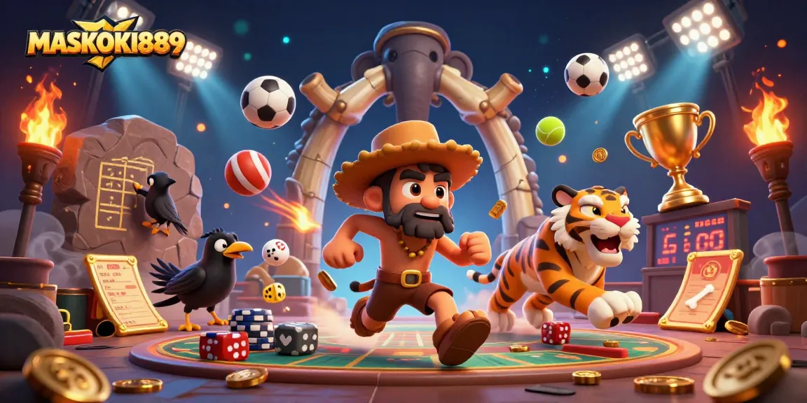 Engage with the vibrant MASKOKI889 gaming scene featuring cavemen and sports elements dynamically interacting.