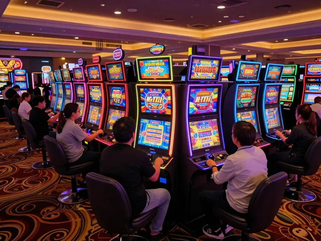 Players enjoying Slot Gacor machines in a lively casino environment with vibrant lights