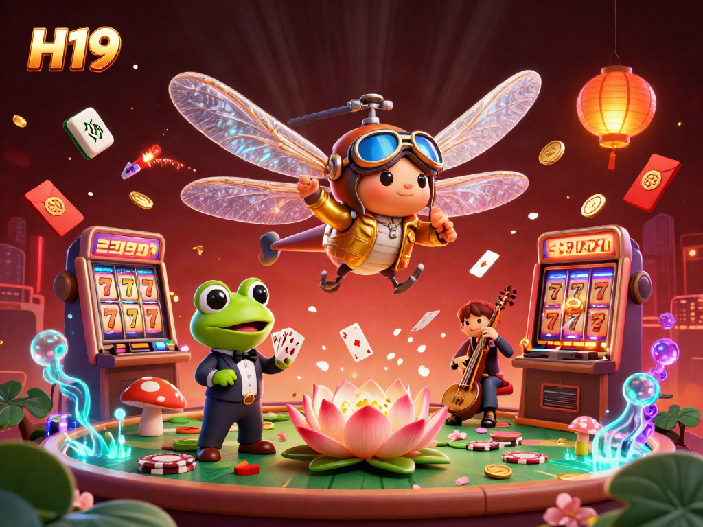 Experience the thrill of H19 casino gaming with a dragonfly pilot and frog croupier in a vibrant scene.