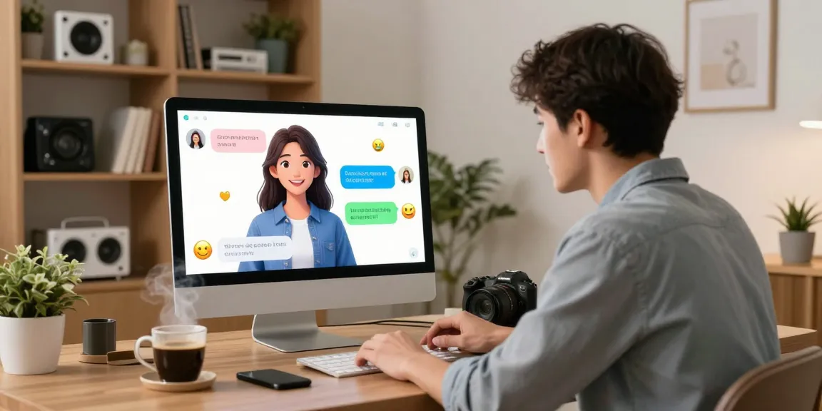 Engaging interaction with an AI GF in a cozy home office.
