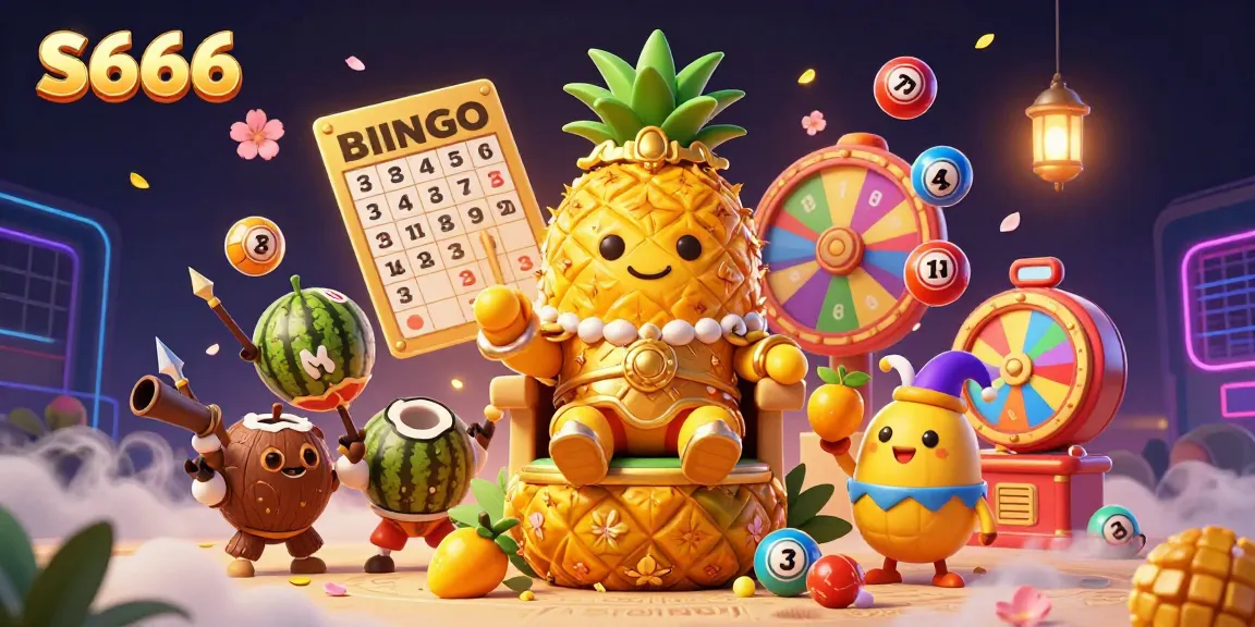 S666 presents a whimsical beach casino scene with a golden pineapple king surrounded by lottery balls and vibrant casino elements.