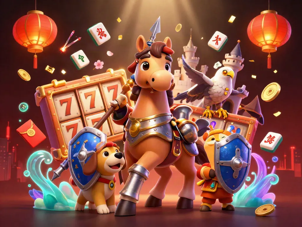 Engaging illustration of a knight, puppy, and falcon surrounded by slot imagery, conveying excitement in gaming.