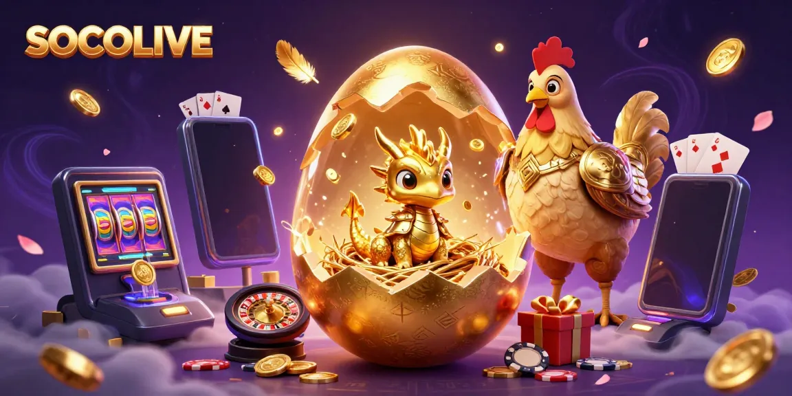 SOCOLIVE showcases a golden dragon and hen amid a vibrant gambling environment filled with slots and chips.