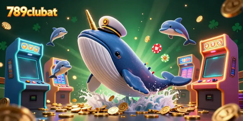 Play the exciting games at 789clubat with a vibrant scene of a whale and casino-themed elements.
