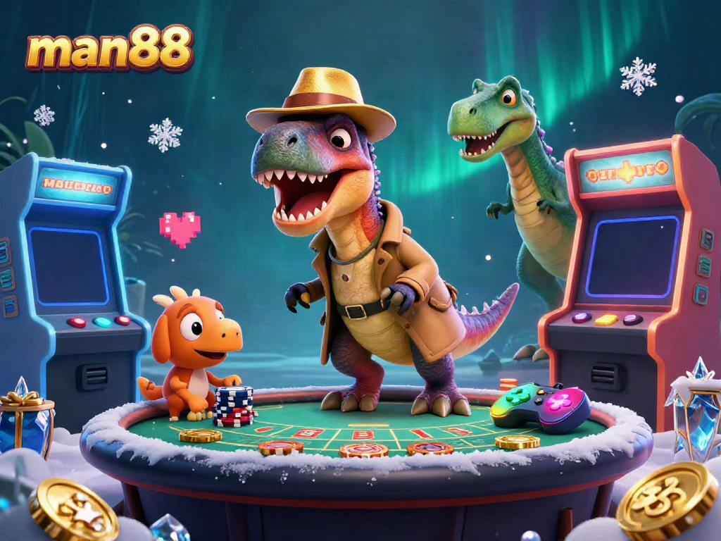 Experience thrilling gaming action at man88 with velociraptor card counter, engaging blackjack table, and vibrant arcade elements.